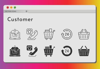 customer icon set. included online shop, 24-hours, shopping cart, phone call, shopping-basket, shopping basket icons on white background. linear, filled styles.