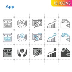 app icon set. included online shop, profits, shop, wallet, discount icons on white background. linear, bicolor, filled styles.