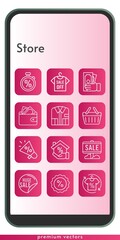 store icon set. included megaphone, sale, shirt, wallet, mortgage, money, discount, stopwatch, shopping basket icons on phone design background . linear styles.