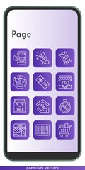 Naklejka na ściany i meble page icon set. included online shop, megaphone, handshake, shopping bag, shirt, mortgage, shop, shopping cart, discount, barcode, stopwatch, trolley icons on phone design background . linear styles.
