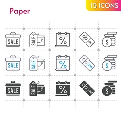 paper icon set. included gift, calendar, shopping bag, money, discount icons on white background. linear, bicolor, filled styles.