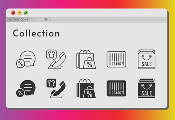 collection icon set. included shopping bag, chat, phone call, barcode icons on white background. linear, filled styles.
