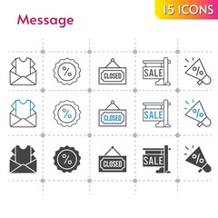 message icon set. included newsletter, megaphone, sale, discount, closed icons on white background. linear, bicolor, filled styles.