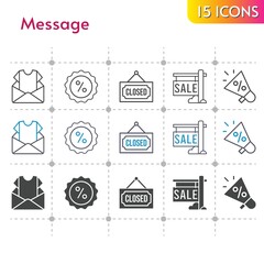 message icon set. included newsletter, megaphone, sale, discount, closed icons on white background. linear, bicolor, filled styles.