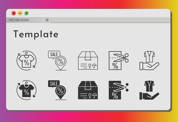 template icon set. included shirt, package, voucher, jacket, placeholder icons on white background. linear, filled styles.
