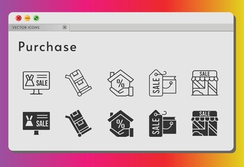 purchase icon set. included online shop, shopping bag, mortgage, shop, trolley icons on white background. linear, filled styles.