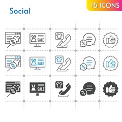 social icon set. included online shop, like, chat, phone call icons on white background. linear, bicolor, filled styles.