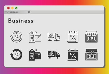 business icon set. included calendar, shopping bag, 24-hours, shop, delivery truck icons on white background. linear, filled styles.