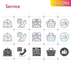 service icon set. included online shop, shop, like, phone call, shopping-basket, shopping basket icons on white background. linear, bicolor, filled styles.
