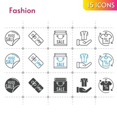 fashion icon set. included shopping bag, sale, shirt, discount, jacket icons on white background. linear, bicolor, filled styles.