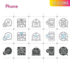 phone icon set. included online shop, shop, chat, internet icons on white background. linear, bicolor, filled styles.