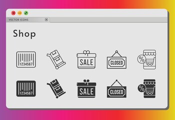 shop icon set. included gift, online shop, closed, barcode, trolley icons on white background. linear, filled styles.