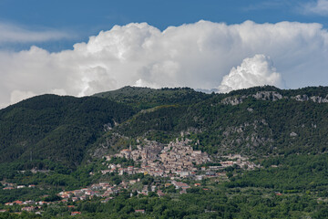 Panorama of Pesche, common in the province of Isernia, in Molise, perched along the steep slopes of...