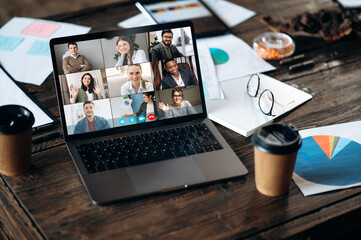 Virtual business meeting online. Video conference by laptop. Online business meeting. On the laptop...