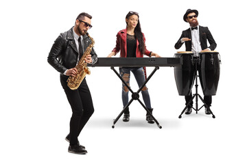 Musical band with a male sax player, a female keyboard player and a conga drummer
