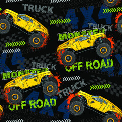 Abstract seamless grunge pattern for boy. Urban style modern background with Monster Truck car, trace of tire. Drive and speed modern creative wallpaper for guys. Extreme style © artlavi_design