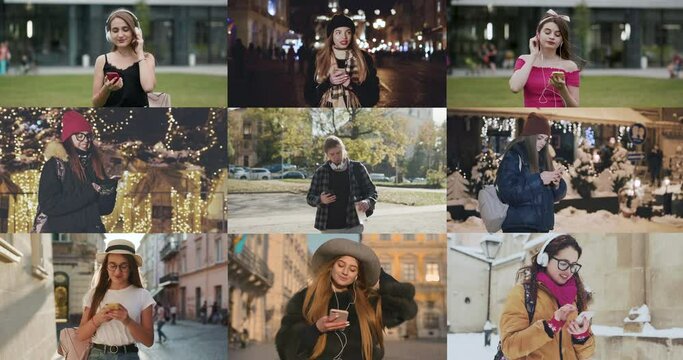 Nomophobia - People using the mobile phone. No-mobile-phone phobia. Multiscreen on people using smartphone in everyday life.