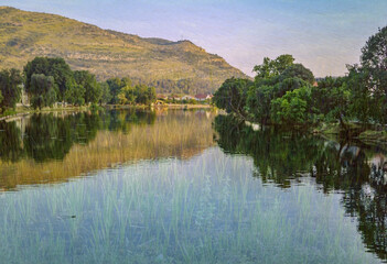 River Trebisnjica in Trebinje, Bosnia and Herzegovina, double exposure.