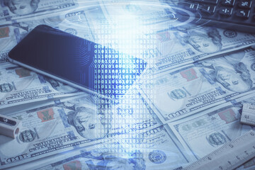 Double exposure of data theme drawing over us dollars bill background. Technology concept.