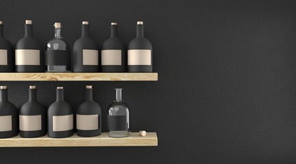 Pantry, kitchen, shop display shelves with black ceramic and glass bottles, interior mockup with black wall, blank labels