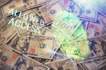 Double exposure of finger print scan drawing over usa dollars bill background. Concept of security of safe access.