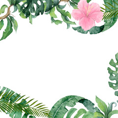 Adorable floral exotic horizontal frame with butterfly, tropical leaves. Hand drawn watercolor isolated illustration on white background