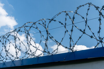 razor  wire on the wall against blue sky