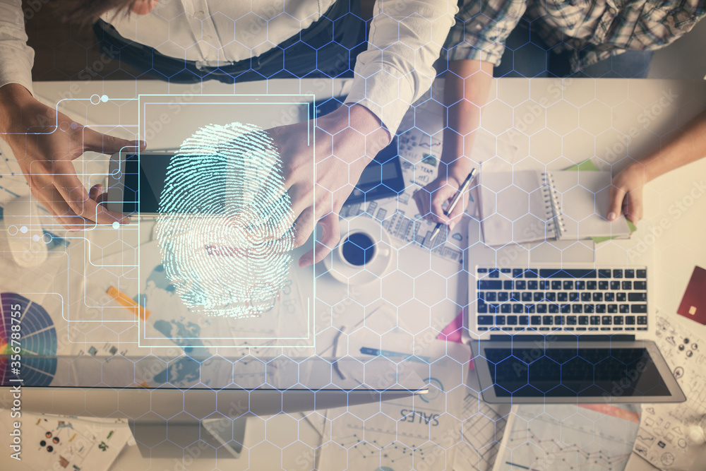 Poster double exposure of man and woman working together and fingerprint drawing. computer background. top 
