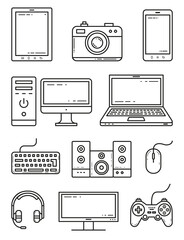 Devices and gadgets outline isolated icons vector set