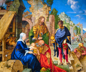 Obrazy  Wiedeń, Austria. 2019/11/5. Pokłon Trzech Króli (1504) Albrechta Dürera (1471 – 1528). Olej w drewnie. Muzeum Albertina w Wiedniu.