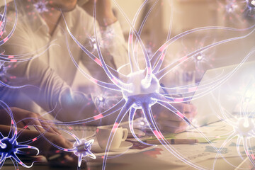 Double exposure of man and woman working together and neuron hologram drawing. Education concept. Computer background.
