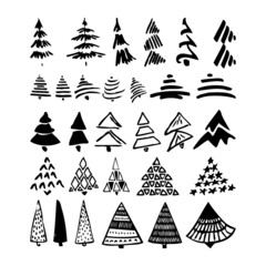 The set of stylized isolated new year trees. Hand drawn firs. Black and white stylizations on a white background. Simple designs for different cases of decorations and prints. Stars, triangles, spots