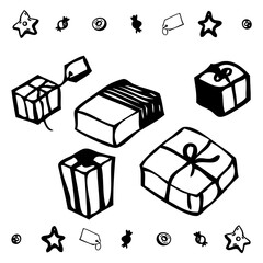 christmas gift boxes in set, additional decorative elements: stars, candies, cookies