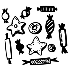 The set of isolated candies and cookies hand drawn in simple graphical style on white. Elegant design for decorations for party or holiday, on Birthday, Christmas, New Year and other childrens feast. 