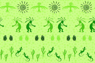 Fototapeta premium Traditional, design with trickster god, swirl icons on human palm, sun, eagle.
