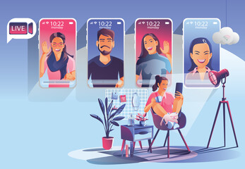 Obraz premium Video conference landing People on smartphone screen taking with colleagues. Videoconferencing and online meeting workspace vector page man and woman. self-quarantine to prevent from COVID -19 vector 