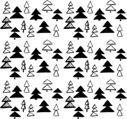 Obraz premium Graphic pattern with firs, hand drawn, triangles, black and white. Geometric simple design. Line and spot. Reminds forest. Good for textile and wrapping paper prints. Childish, funny for decorations