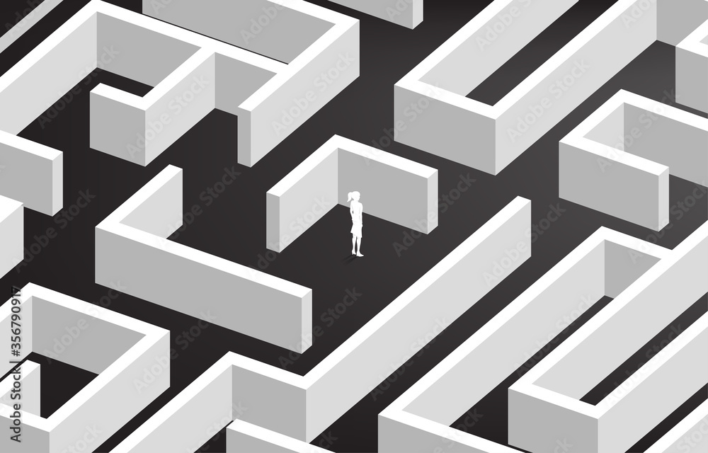 Poster silhouette of businesswoman at center of maze. business concept for problem solving and solution str