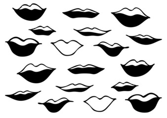 Set of lips. Simple hand drawn graphic isolated, in black lower lip on a white background. vector design. Sketch of lips of various shapes: thin, thick, smiling, chubby, sensual, arrogant. Silhouette
