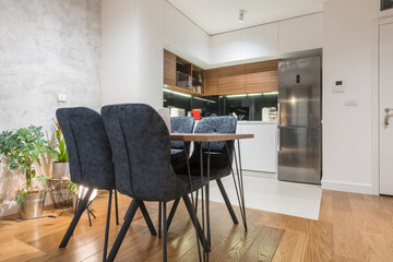 Modern apartment interior, kitchen with dining area