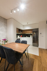 Modern apartment interior, kitchen with dining area