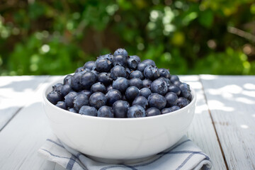 A view of bowl of fresh blueberries on a rustic wood table surface, in a garden setting.