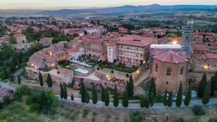 Fototapeta premium Pienza, Tuscany. Aerial view at sunset of famous medieval town