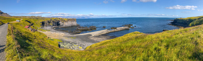Panoramic view of Arnarstapi coastline, Iceland. Snaefellsnes rocks in summer season
