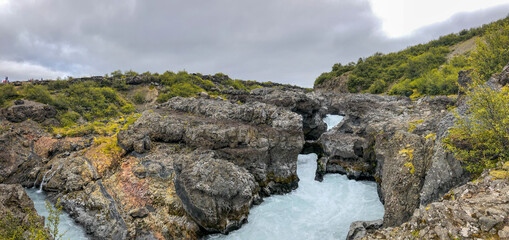 Hraunfossar Waterfalls and River in the Western Part of Iceland, Europe in summer season