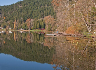 This beautiful stock image is a mountain in the autumn reflected in a still clear blue lake.  Taken of Clear Lake in Skagit County Washington, America.