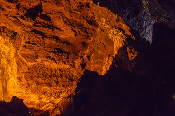  Cueva de los Verdes, Green Cave in Lanzarote. Canary Islands.  an amazing lava tube and tourist attraction on Lanzarote island, Spain. Multi-colored illumination of caves. Beautiful cave. 