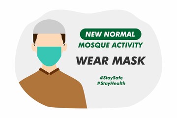 New Normal Mosque Activity - Wear Mask - Vector Flat Design Illustration : Suitable for Islamic Theme, Lifestyle Theme, Education Theme, Health Theme, Infographics and Other Graphic Related Assets.