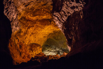  Cueva de los Verdes, Green Cave in Lanzarote. Canary Islands.  an amazing lava tube and tourist attraction on Lanzarote island, Spain. Multi-colored illumination of caves. Beautiful cave. 