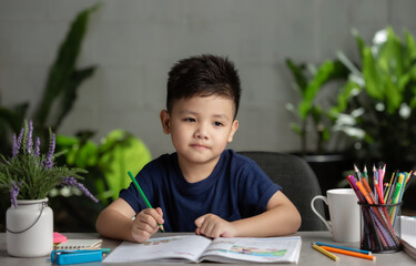 happy kid use color pencil drawing, having an idea on wooden table. Learning and education of kid